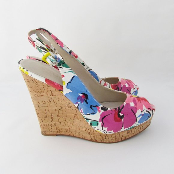 Nine West Leggyr FLORAL WEDGE SANDAL Platform Peep-Toe Cork Slingback 9 M - Picture 5 of 11